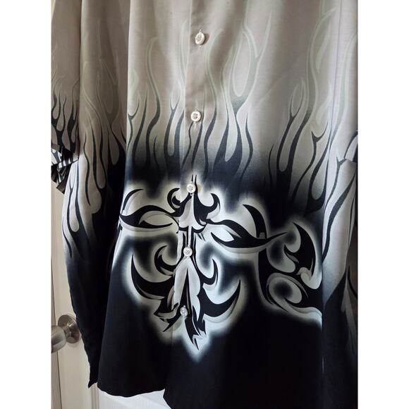 Vtg Y2K No Boundaries 2XL Black Gray Flames Graphic Button up Shirt Tribal - Picture 4 of 8